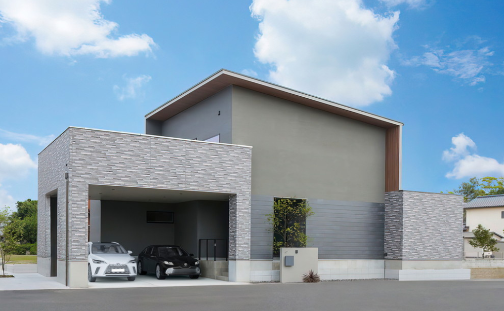 グレーで統一された開放感あるインナーガレージ住宅 画像