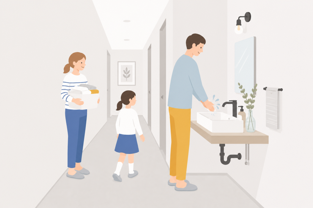 ただいま手洗いによって家族の動線が妨げられるイラスト