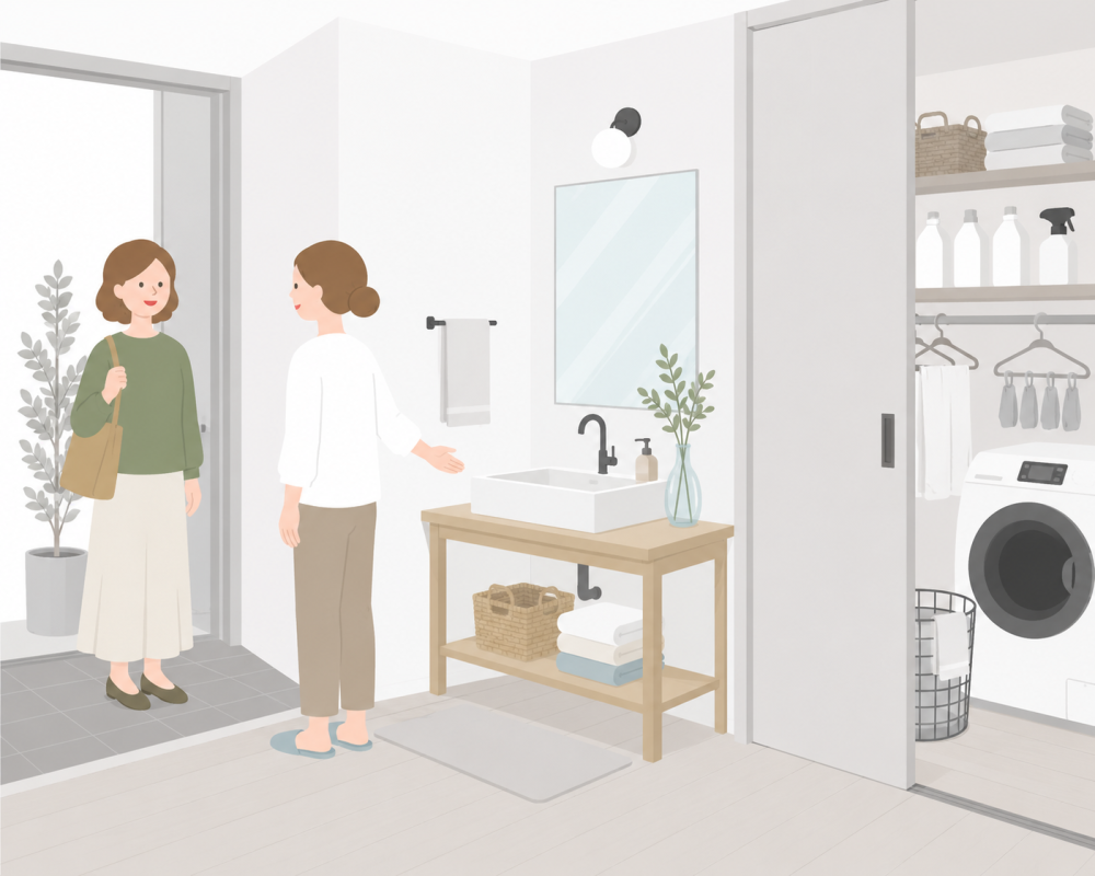 来客者に洗面所が見られない様子のイラスト