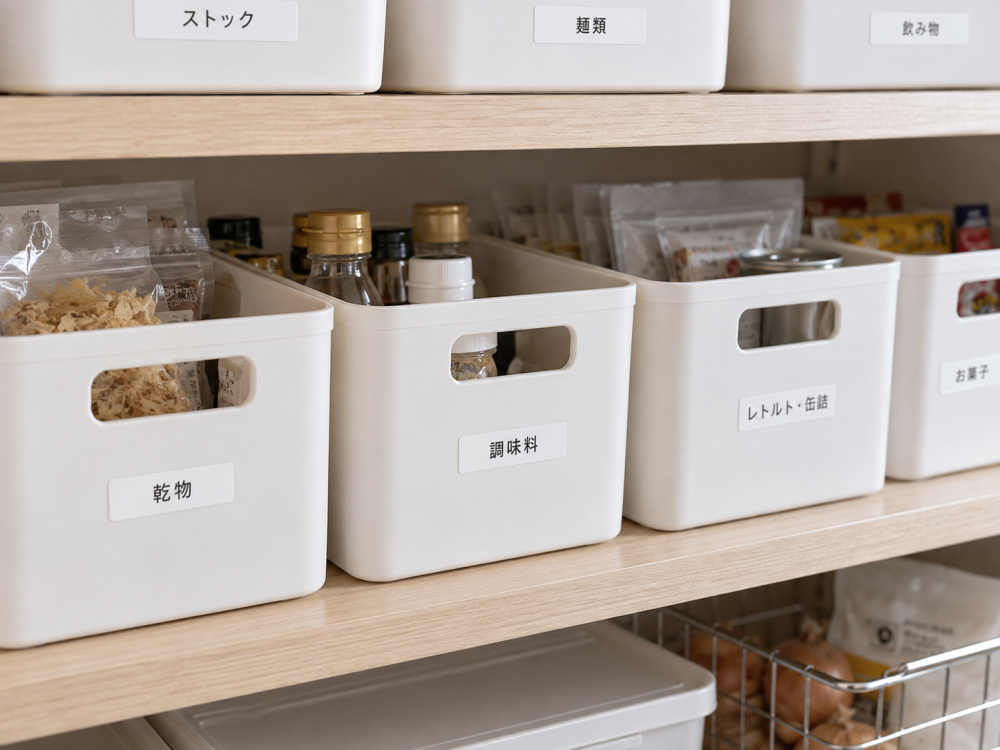 ボックスをラベリングしてあるパントリー画像