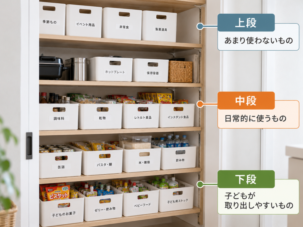 使用頻度に合わせて置き場所を示すパントリー画像